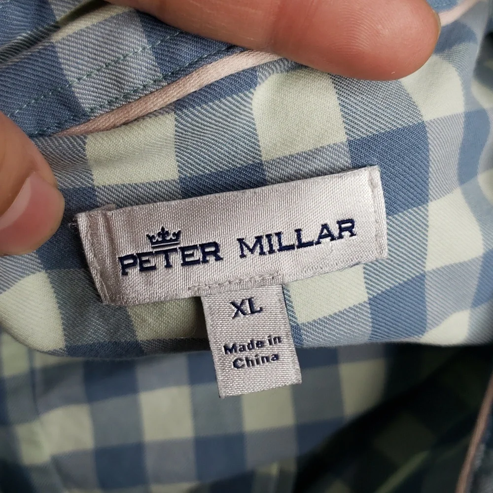 Peter Millar Cotton Silk Button Up Long Sleeve Shirt Size XL Gingham Plaid Logo